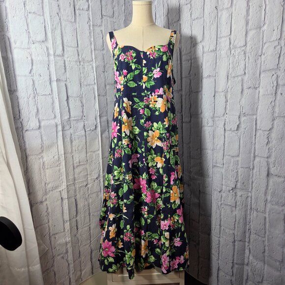 Old Navy Dresses & Skirts - Old Navy Extra Large Navy Blue Floral Linen Blend Smocked Cottagecore Midi Dress